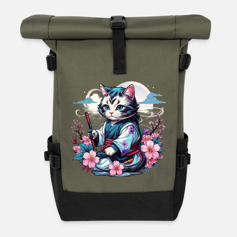 Chat Ninja Kawaii japonais - Sac à dos roll top - olive/noir