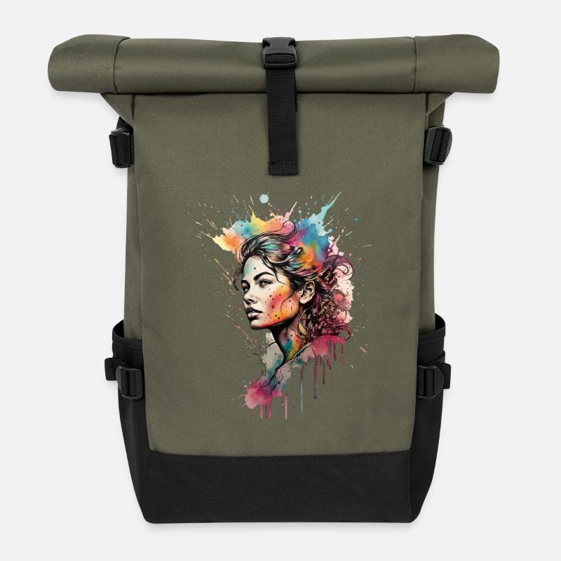 Watercolor Girl: Rainbow Splash Portrait - Roll Top Backpack - olive/black