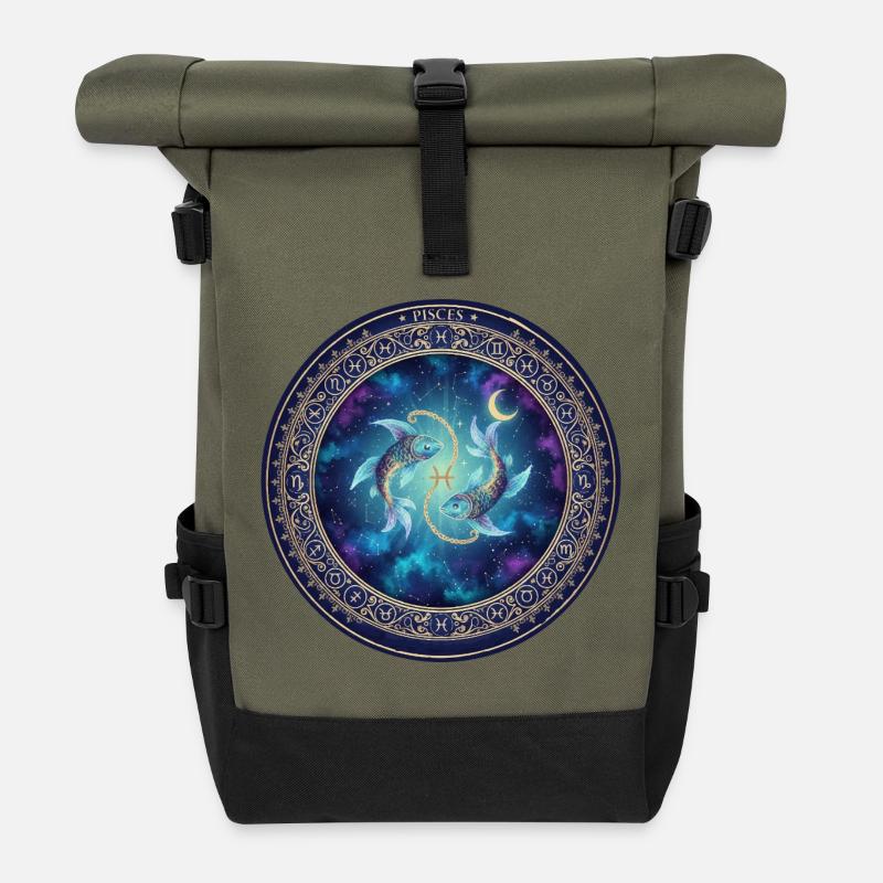 Pisces sign in the cosmic circle - Roll Top Backpack - olive/black
