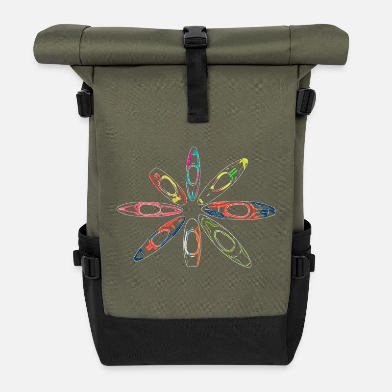 Colorful ring of neon-style whitewater kayaks - Roll Top Backpack - olive/black