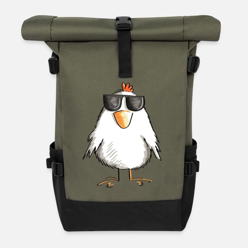 Huhn mit cooler Sonnenbrille - Hahn - Gockel - Rolltop Rucksack - Olive/Schwarz
