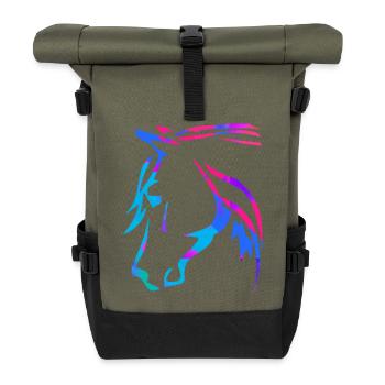 Pferd in Pink - Pferdekopf Zeichnung - Ross Reiten - Rolltop Rucksack - Olive/Schwarz - Vorne
