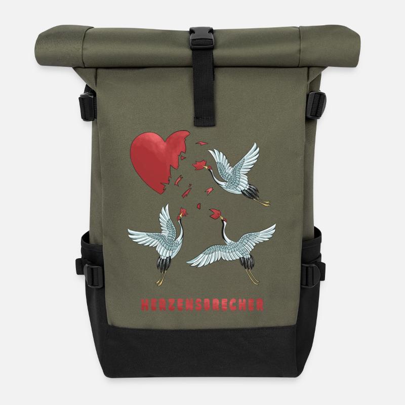 Herzensbrecher Herz Storch Design - Rolltop Rucksack - Olive/Schwarz