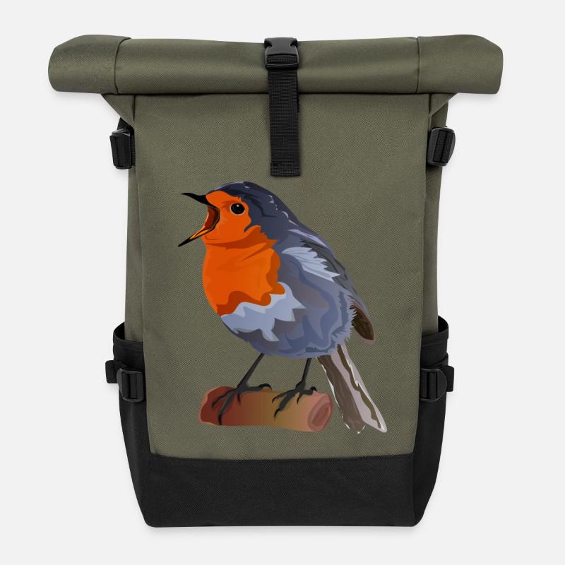 Robin Bird Illustration über Textil - Rolltop Rucksack - Olive/Schwarz
