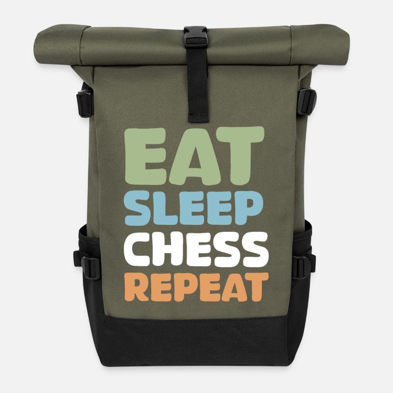 retro chess funny sayings eat sleep repeat - Roll Top Backpack - olive/black