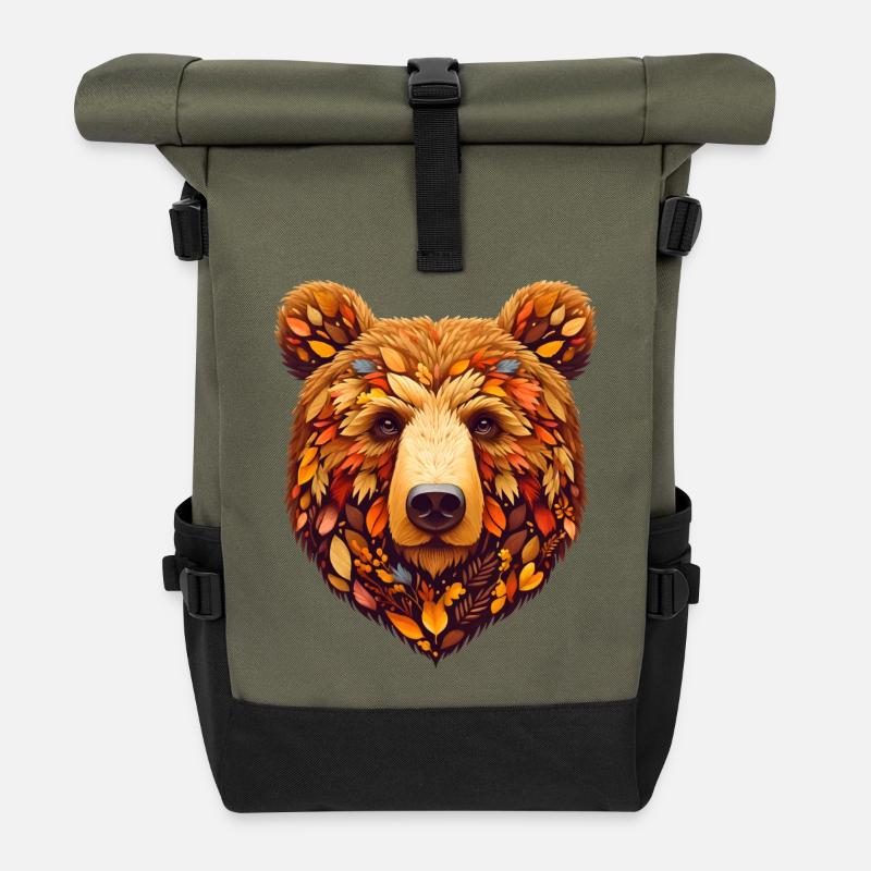 Ours brun, conçu à partir de différentes feuilles - Sac à dos roll top - olive/noir