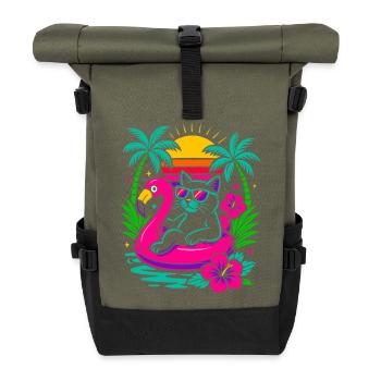 Coole Sommerkatze auf Flamingo - Retro Look - Rolltop Rucksack - Olive/Schwarz - Vorne