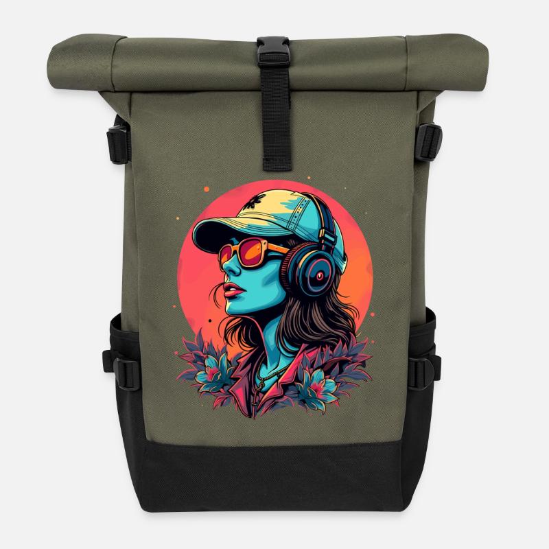 Futuristische DJane mit Kopfhörern - Rolltop Rucksack - Olive/Schwarz
