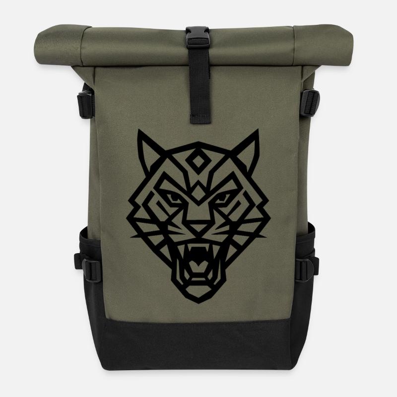 Geometric Tiger – Essential Black Lines - Roll Top Backpack - olive/black