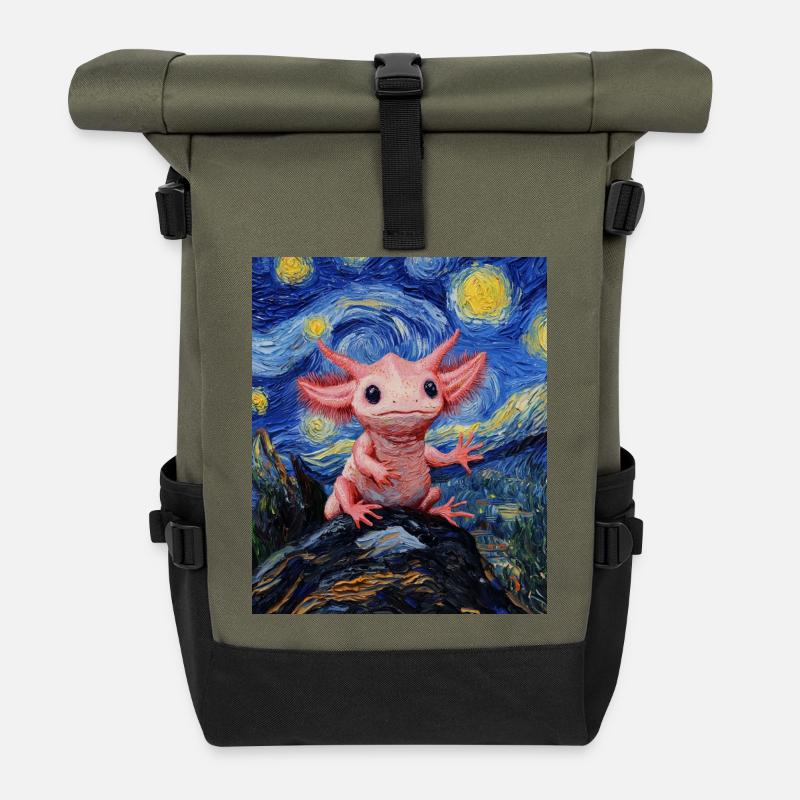 Axolotl Van Gogh Style Starry Night - Rolltop Rucksack - Olive/Schwarz