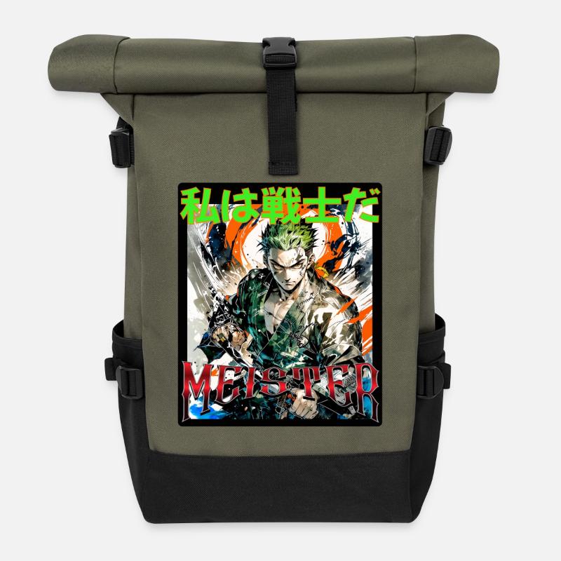 Anime Held Mit Messer und grüner Haarmähne - Rolltop Rucksack - Olive/Schwarz