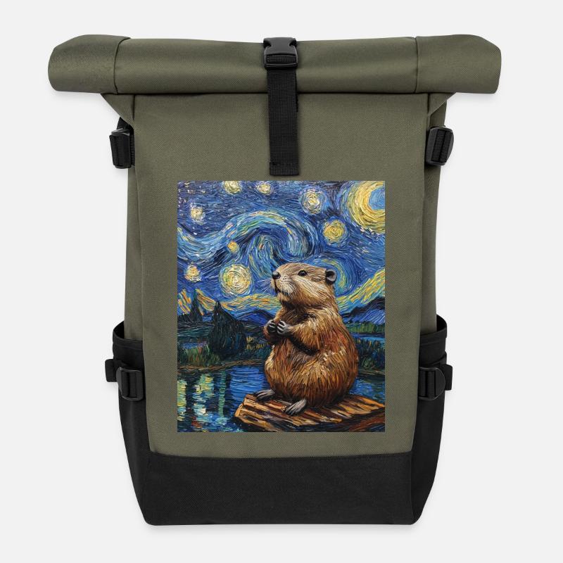 Bieber Van Gogh Style Starry Night - Rolltop Rucksack - Olive/Schwarz