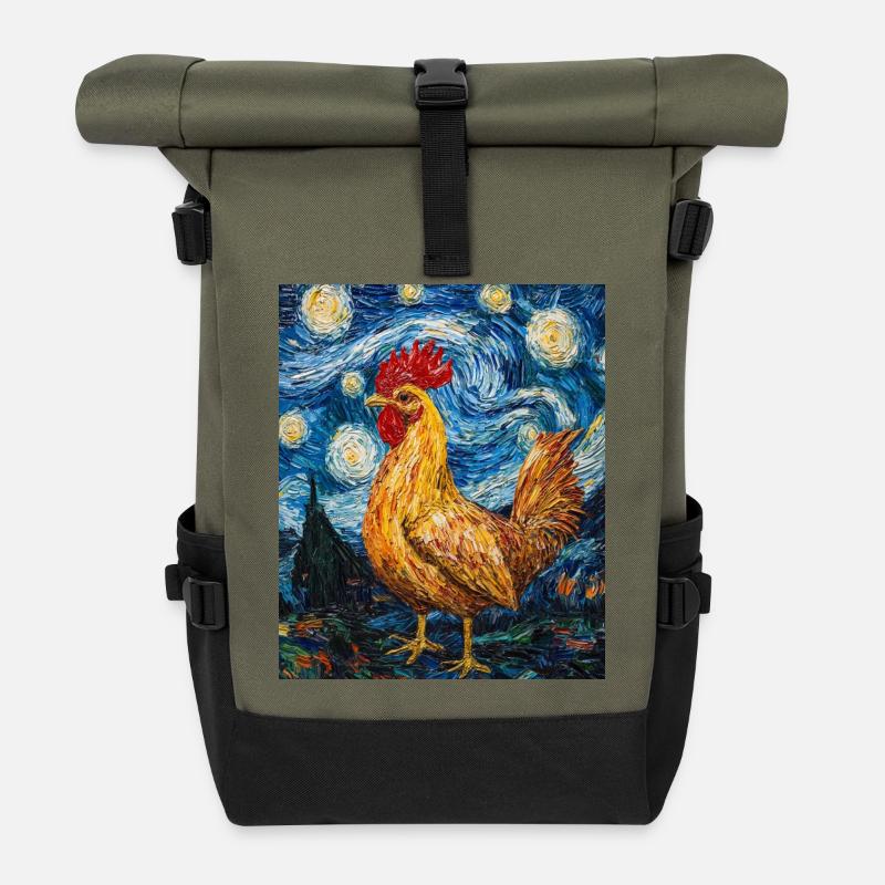 Huhn Hahn Hühner Van Gogh Style Starry  - Rolltop Rucksack - Olive/Schwarz