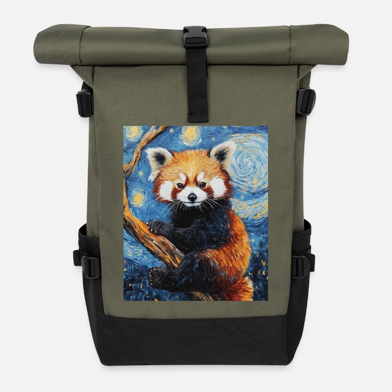 Roter Panda Bär Van Gogh Style Starry Night - Rolltop Rucksack - Olive/Schwarz