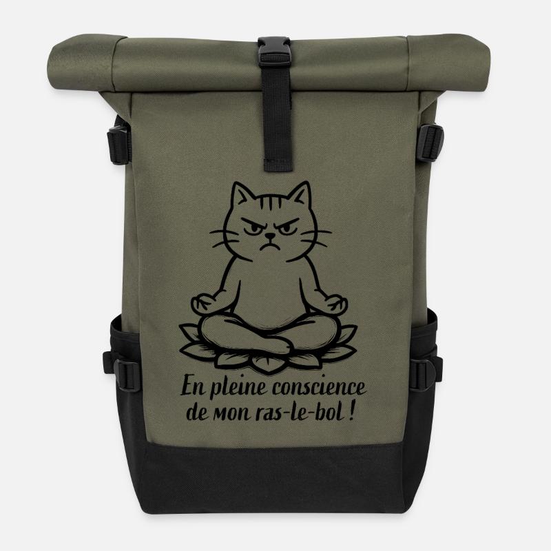 Chat grognon en méditation - Sac à dos roll top - olive/noir