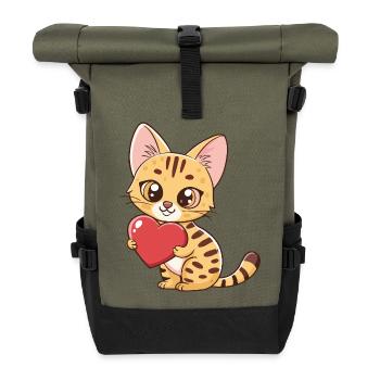 Kawaii Heart Tabby Kitten - Roll Top Backpack - olive/black - Front