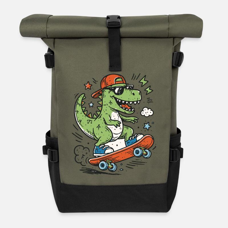 Krokodil auf Skateboard mit Cap - Rolltop Rucksack - Olive/Schwarz