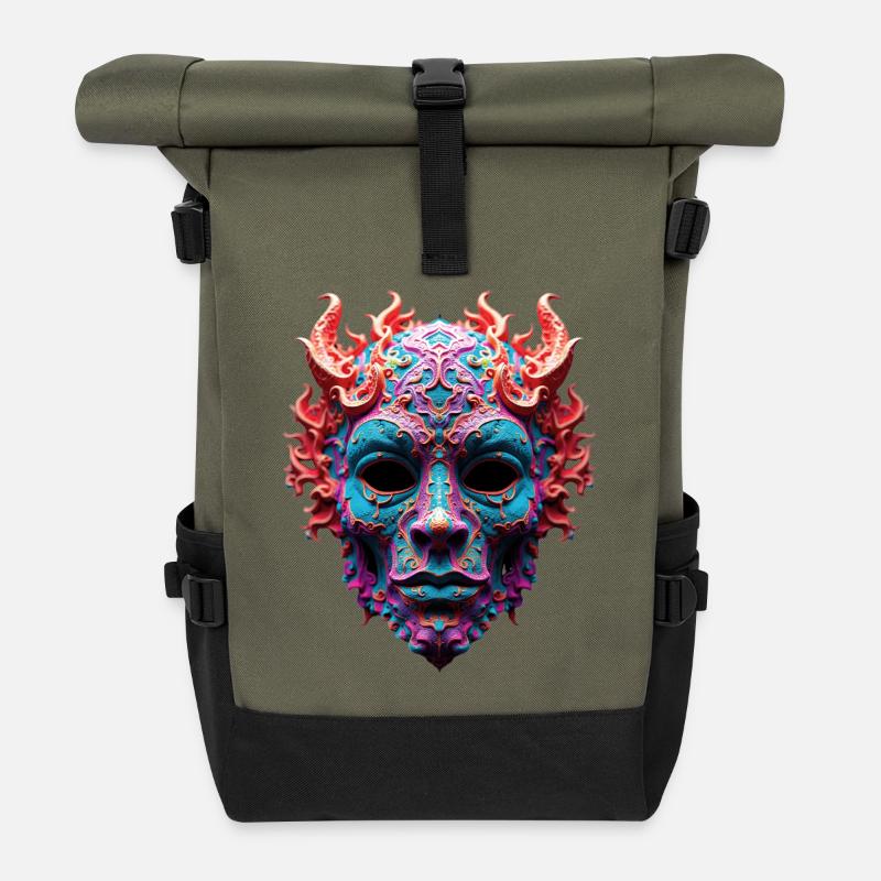 Masque orné de Démon de Feu - Sac à dos roll top - olive/noir