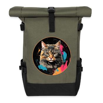 Portrait de chat mignon en technique d'aquarelle dans un cercle - Sac à dos roll top - olive/noir - Devant