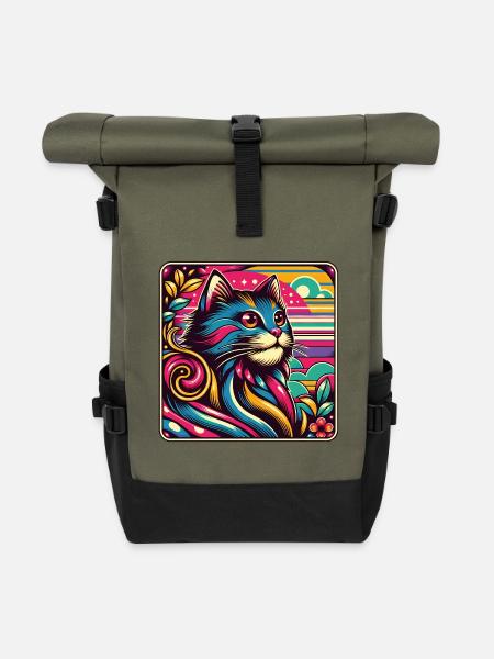 Buntes dekoratives Katzenportrait - Rolltop Rucksack - Olive/Schwarz