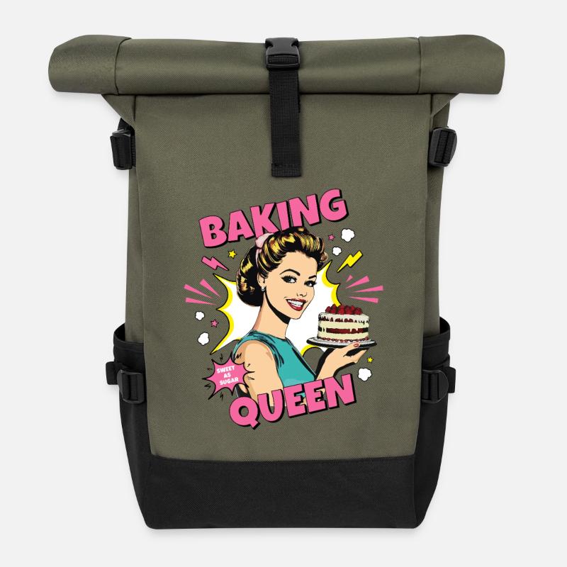 Backen Torte Backkönigin Backfee Bäckerin Pop Art - Rolltop Rucksack - Olive/Schwarz