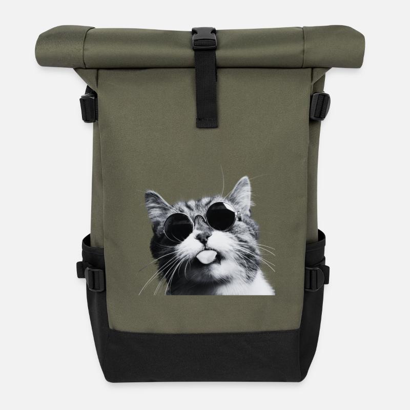 Chill Cat in Round Sunglasses - Roll Top Backpack - olive/black