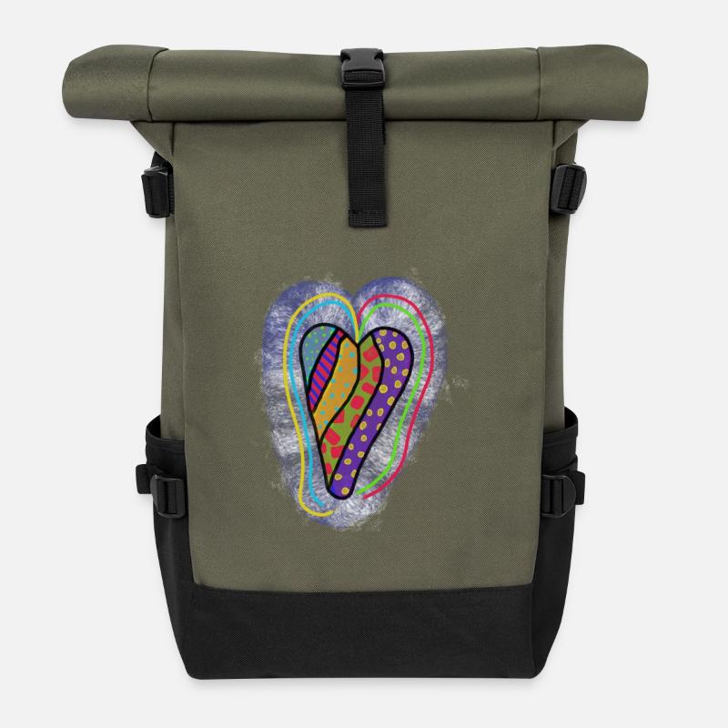 Colorful heart with geometric patterns - Roll Top Backpack - olive/black