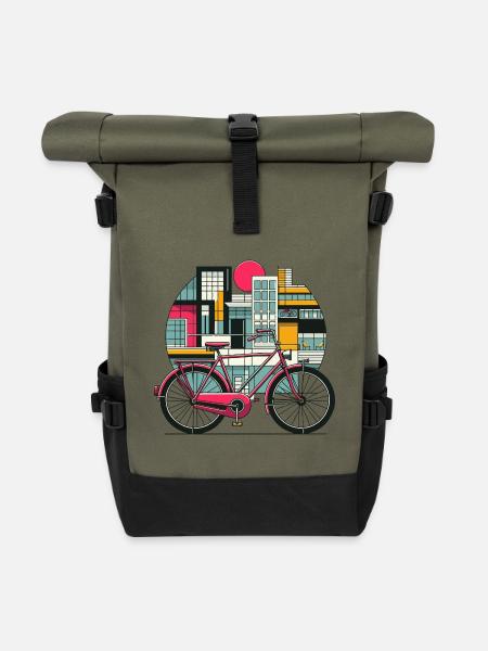 Bike Fahrrad Stadt mit Bauhaus Architektur Kunst - Rolltop Rucksack - Olive/Schwarz