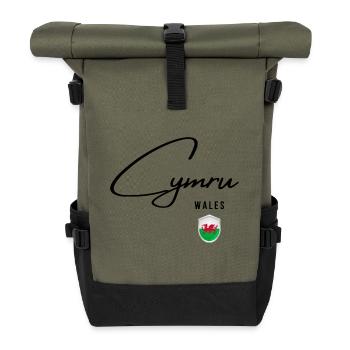 Flagge von Wales, walisischer Stolz - Rolltop Rucksack - Olive/Schwarz - Vorne