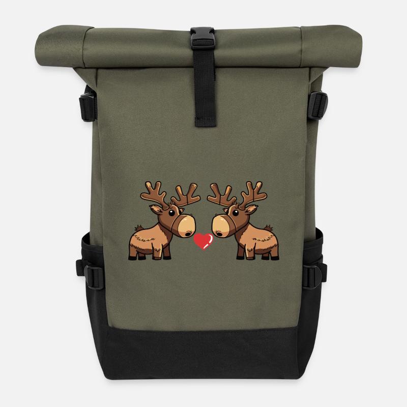 Elch Paar Herz - Rolltop Rucksack - Olive/Schwarz