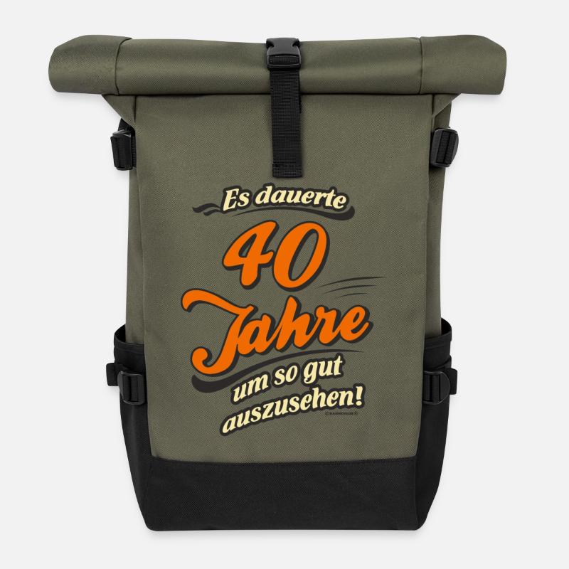 Es dauerte 40 Jahre, original RAHMENLOS® Design - Rolltop Rucksack - Olive/Schwarz