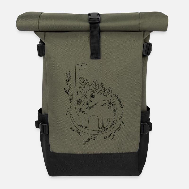 Langhals Dinosaurier Florales Design Geschenk - Rolltop Rucksack - Olive/Schwarz