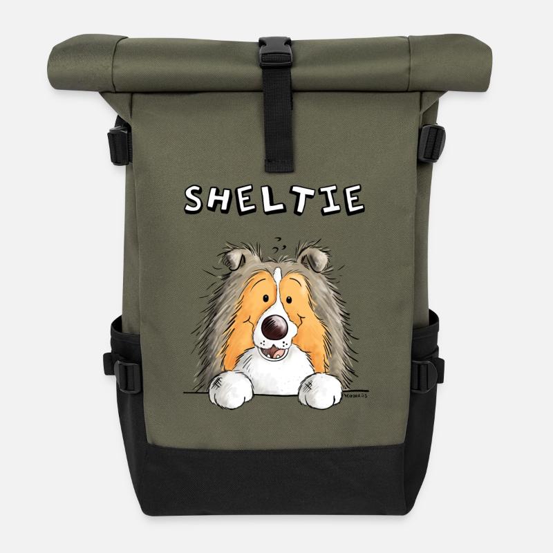 Neugieriger Sheltie - Rolltop Rucksack - Olive/Schwarz