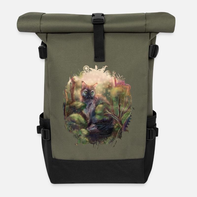 Wildkatze im Wald - Rolltop Rucksack - Olive/Schwarz