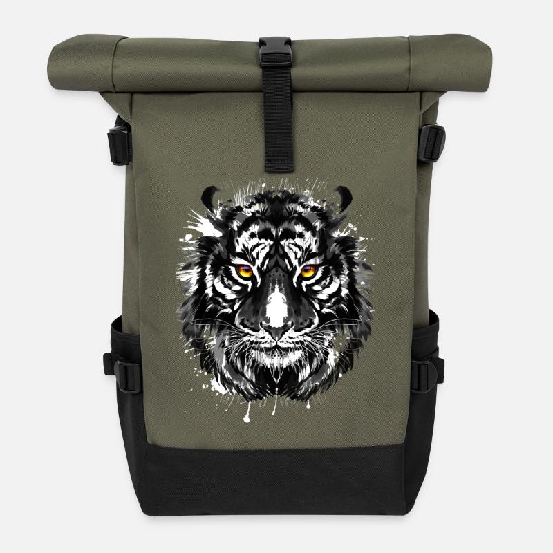 Retro Tiger - Katze - Schöne Augen - Rolltop Rucksack - Olive/Schwarz