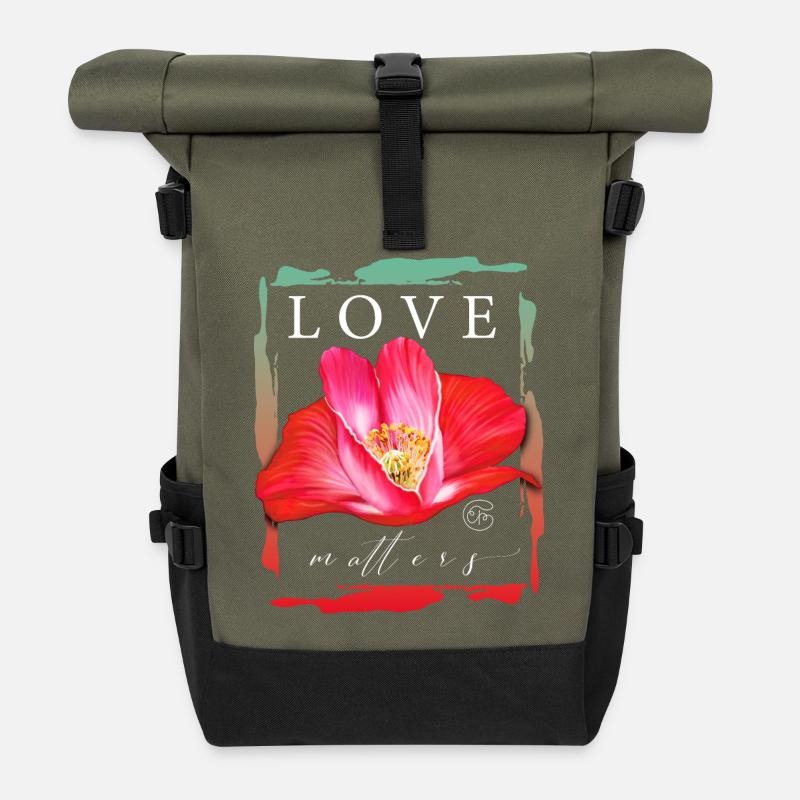 Love matters Mohnblume Herz Liebe Valentinstag - Rolltop Rucksack - Olive/Schwarz
