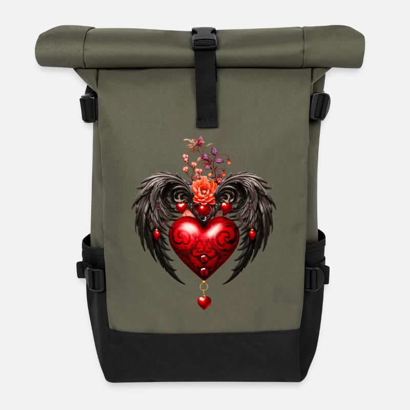 Das Herz mit den schwarzen Flügeln - Rolltop Rucksack - Olive/Schwarz