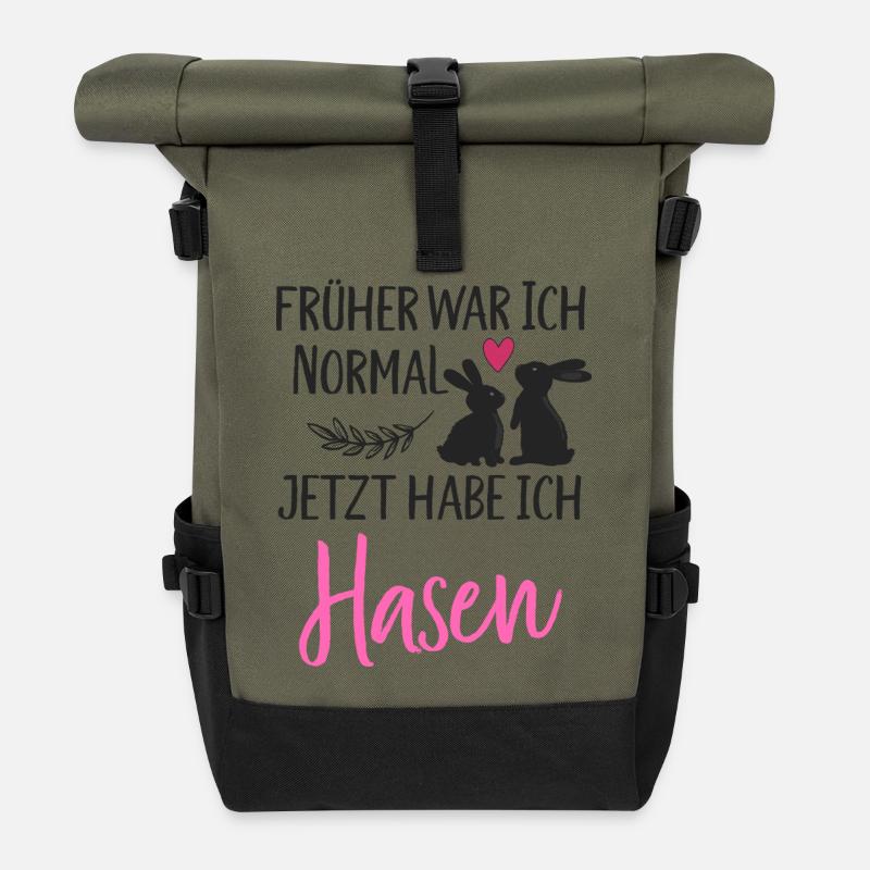Früher war ich normal jetzt habe ich Hasen Spruch - Rolltop Rucksack - Olive/Schwarz