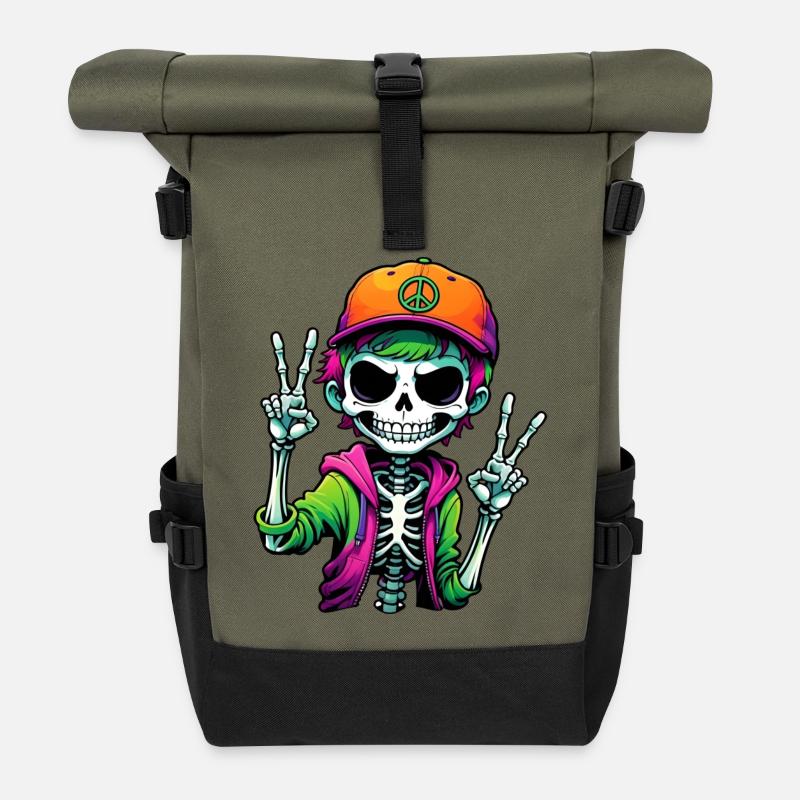 Cute Cartoon Skeleton Boy - Roll Top Backpack - olive/black