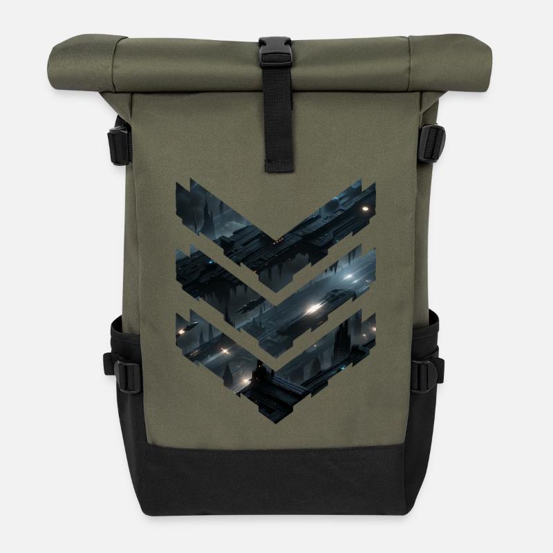 Futuristic Sci-Fi Space Station Layers – Dark City - Roll Top Backpack - olive/black