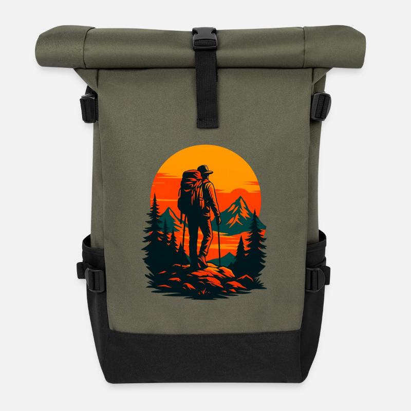 Adventurer at Sunset in the Mountains - Roll Top Backpack - olive/black