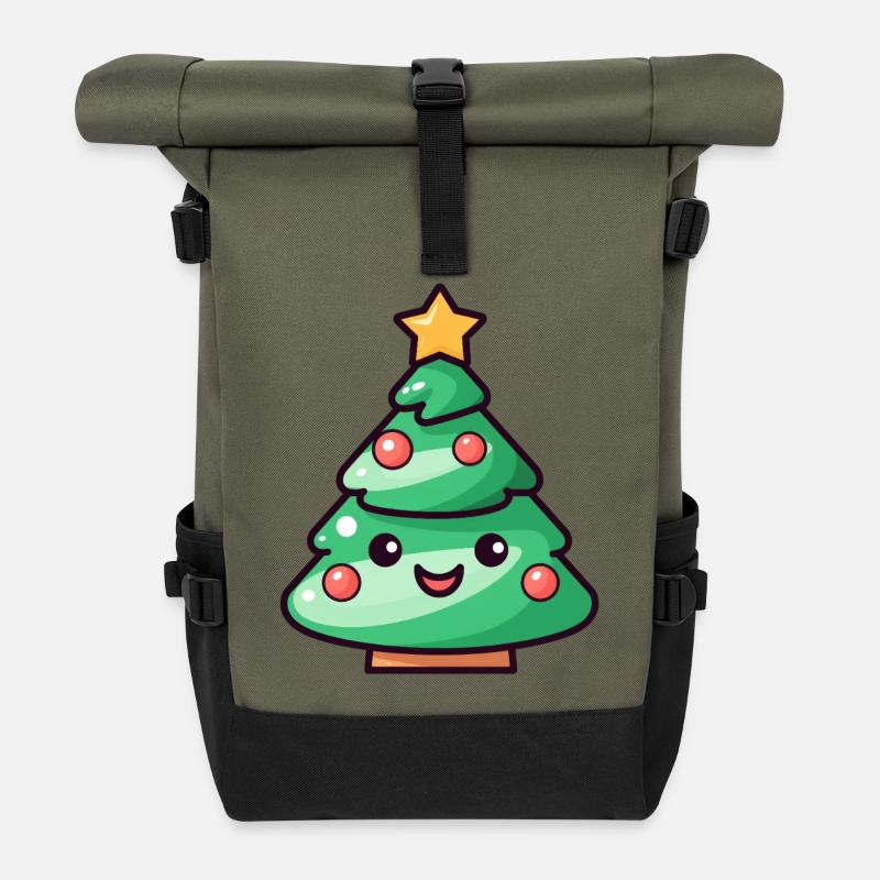 Kawaii Christmas Tree Cartoon Design - Roll Top Backpack - olive/black