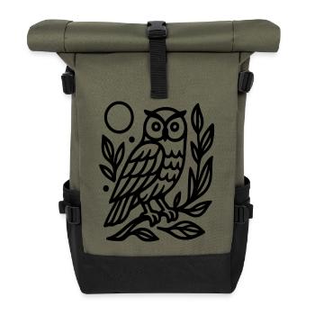 Minimale Linie Kunst Eule Nacht Natur Symbol Design - Rolltop Rucksack - Olive/Schwarz - Vorne