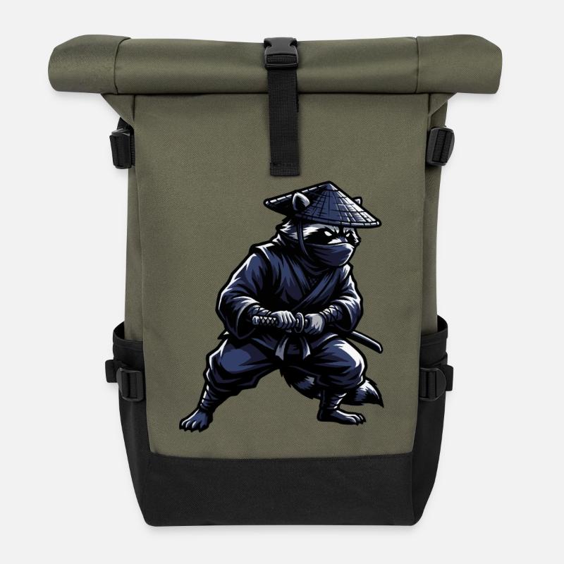 Ninja Waschbär mit Katana - Rolltop Rucksack - Olive/Schwarz