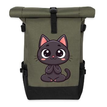 Cute black cat praying - Roll Top Backpack - olive/black - Front