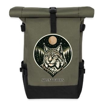 Silent Focus - Luchs im Woodcut Stil - Rolltop Rucksack - Olive/Schwarz - Vorne