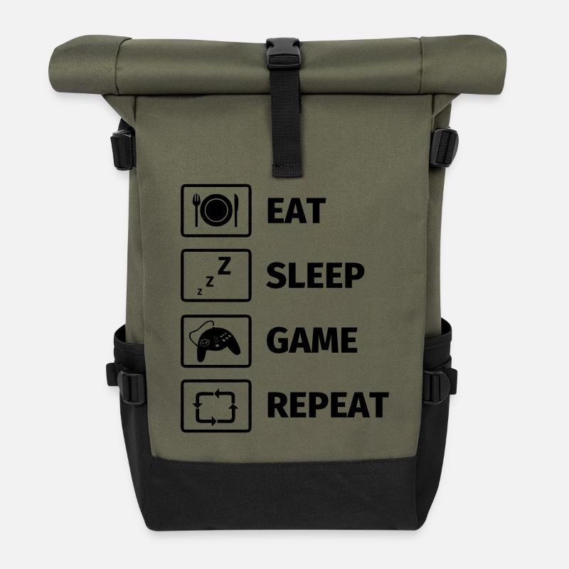 Eat Sleep Game Repeat - Rolltop Rucksack - Olive/Schwarz