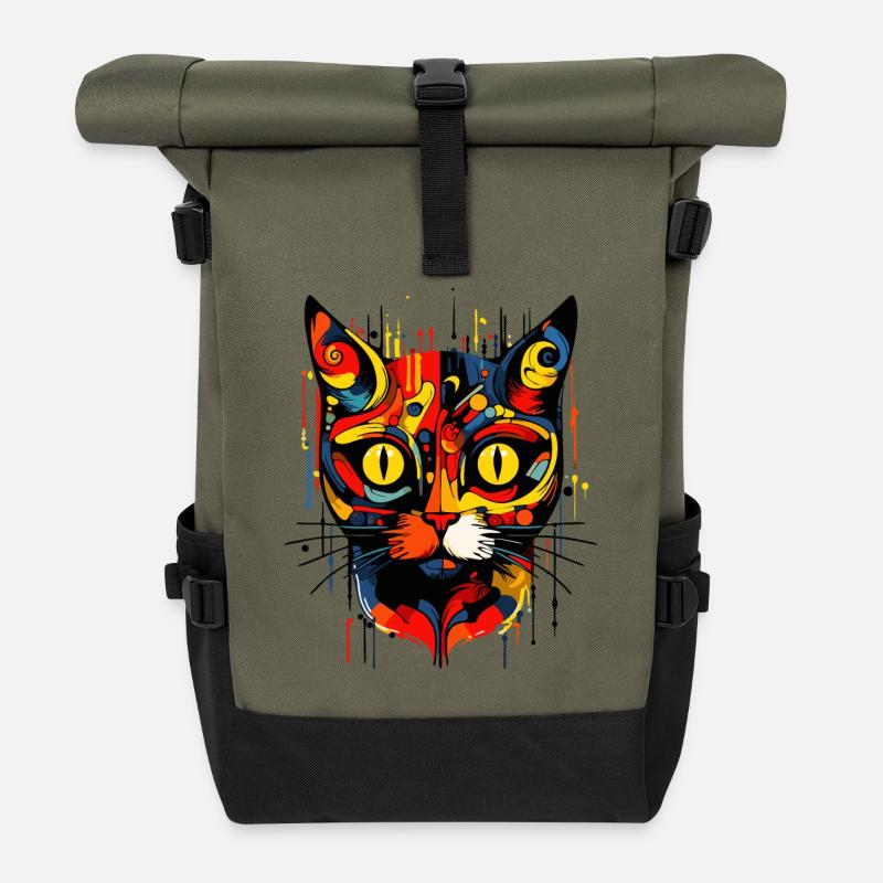 abstrakte Kunst Katze - Rolltop Rucksack - Olive/Schwarz
