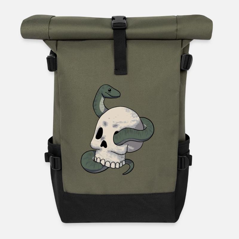 Schlange und Schädel - Rolltop Rucksack - Olive/Schwarz