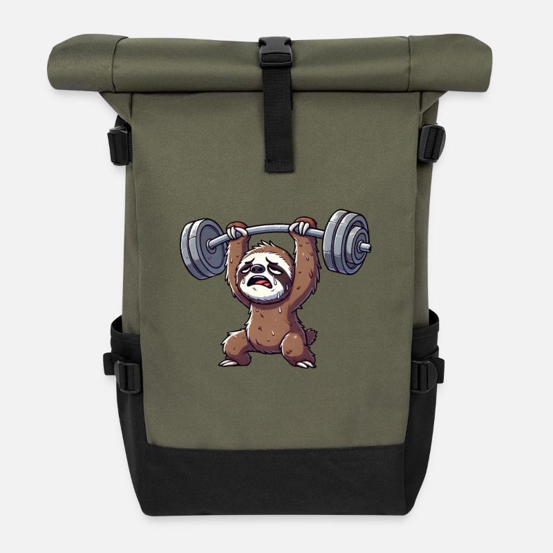 Faultier Workout Hantel Cartoon - Rolltop Rucksack - Olive/Schwarz